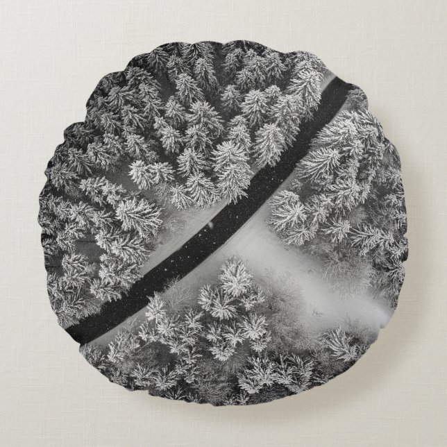 ALMOFADA REDONDA RUG DE ÁREA FLORAL BRANCA E NEGRA (Frente)