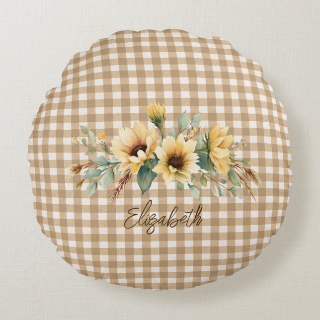 Almofada Redonda Rustic Autumn Sunflower Gingham Personalizado (Frente)