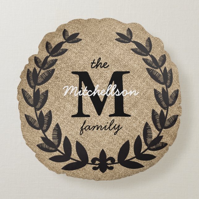 Almofada Redonda Rustic Black Etch Fleur-de-Lis Laurels (Frente)