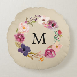 Almofada Redonda Rustic Boho Watercolor Floral Wreath Monograma