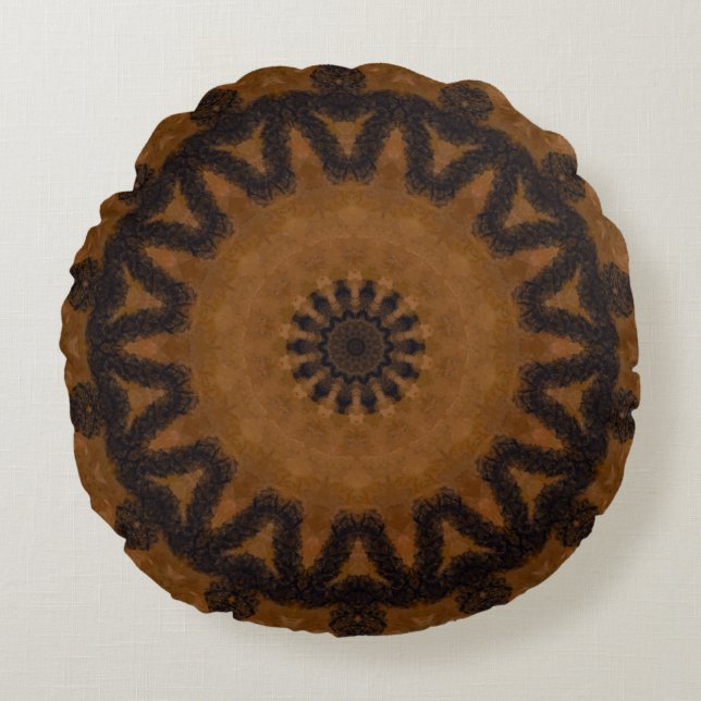 Almofada Redonda Rustic Brown and Black Wood Mandala (Frente)