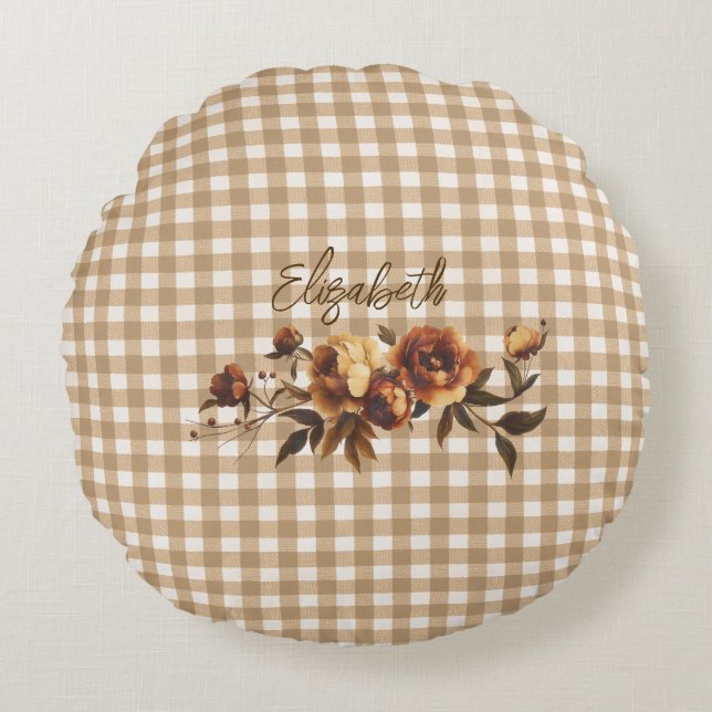 Almofada Redonda Rustic Gingham Autumn Personalizado (Frente)