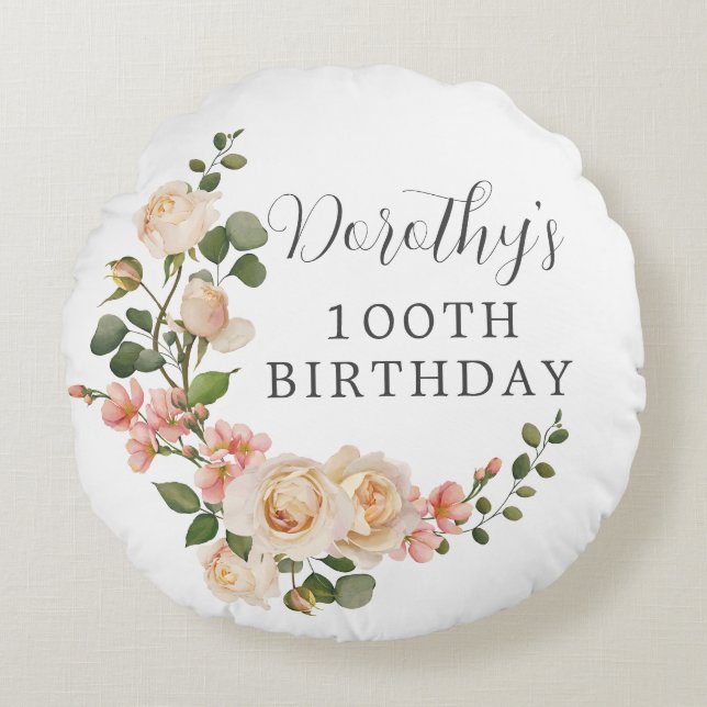 Almofada Redonda Rustic Ivory White Floral 100º Presente de Anivers (Frente)