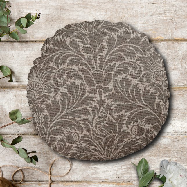 Almofada Redonda Rustic Vintage Damask Burlap (Criador carregado)