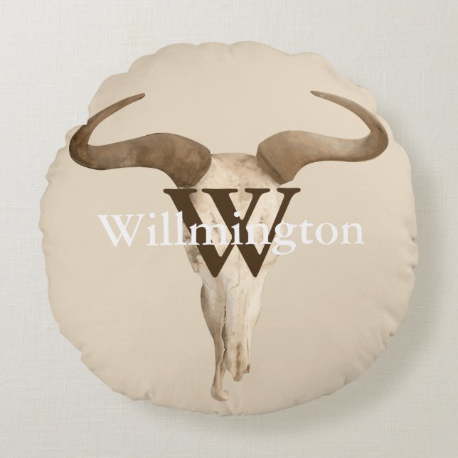 Almofada Redonda Rustic Western Prairie Cow Skull Family Name (Frente)