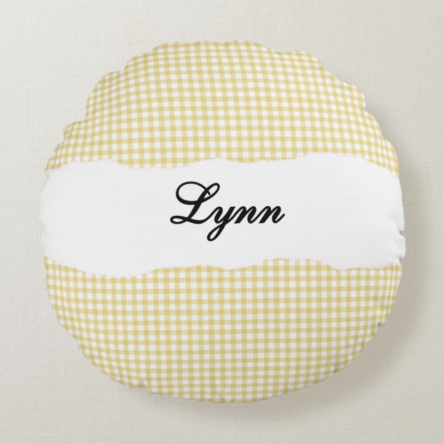 Almofada Redonda Rustic Yellow Gingham Personalized Name (Frente)