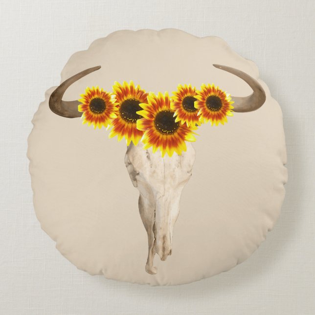 Almofada Redonda Rústica Prairie Cow Skull & Sunflower (Frente)