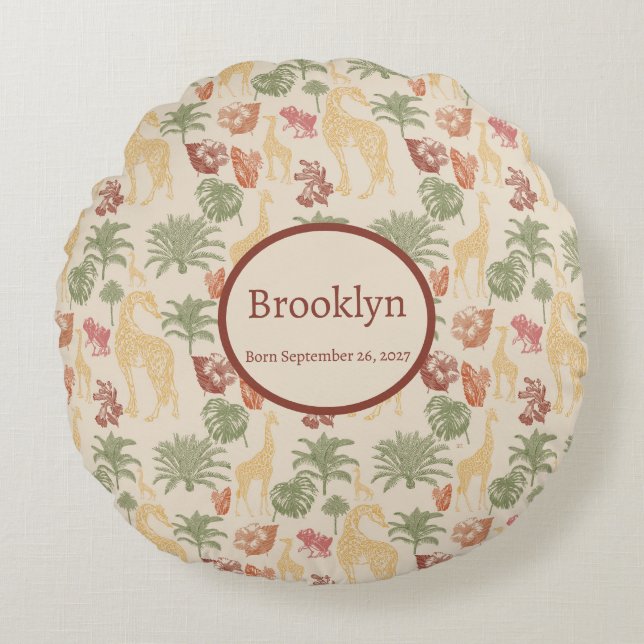 Almofada Redonda Safari Giraffe & Tropical Leaves Nursery (Frente)