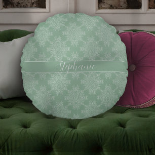 Almofada Redonda Sage leve com Damasco Floral Branco Simples e Bran