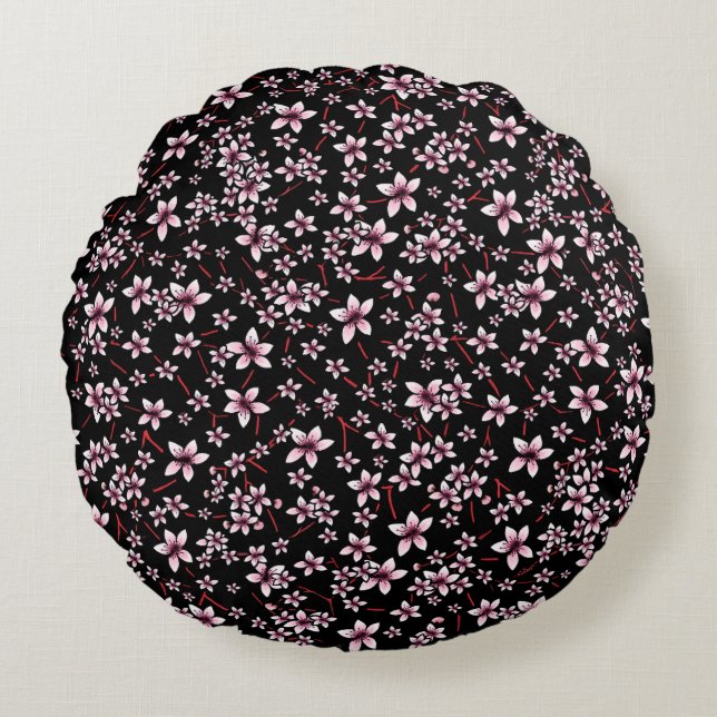Almofada Redonda Sakura Rosa em Preto (Frente)