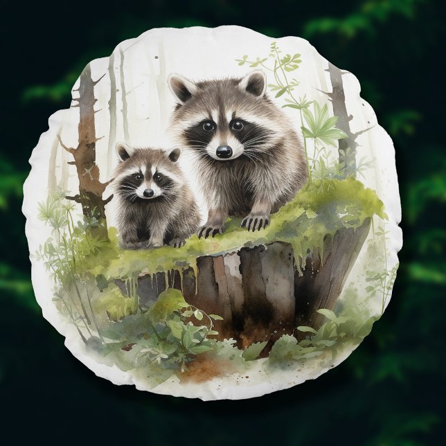 Almofada Redonda Salão de Crianças de Pais (Woodland Animals Raccoons Nursery Kids Room Decor Round Pillow)