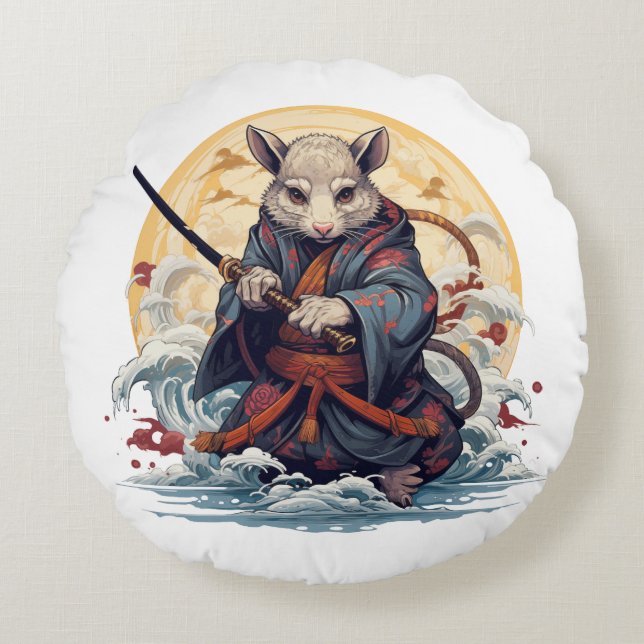 Almofada Redonda Samurai Rat Throw Pillows (Frente)