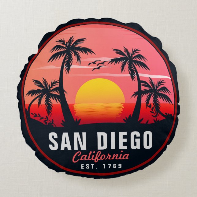 Almofada Redonda San Diego California Retro Sunset Souvenirs 60s (Frente)