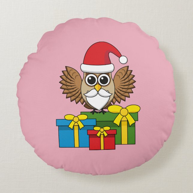 Almofada Redonda Santa Claus Owl com Presentes (Frente)