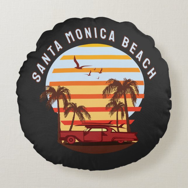 Almofada Redonda Santa Monica Beach Retro Sunset Vintage  (Frente)