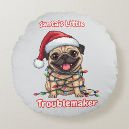 Almofada Redonda Santa’s Little Troublemaker Pug Round Pillow