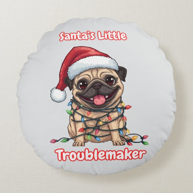 Almofada Redonda Santa’s Little Troublemaker Pug Round Pillow (Frente)
