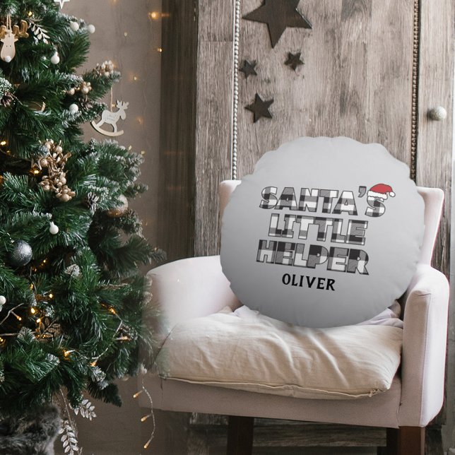 Almofada Redonda Santa's Little Helper Personalized  (santa's little helper Christmas personalized round pillow. black and white plaid check design)