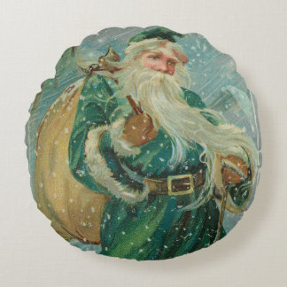 Almofada Redonda Saudações de Natal-Carta Postal Retro do Papai Noe