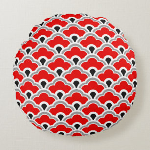 Almofada Redonda Scallops chineses de Deco, vermelho, cinza, preto