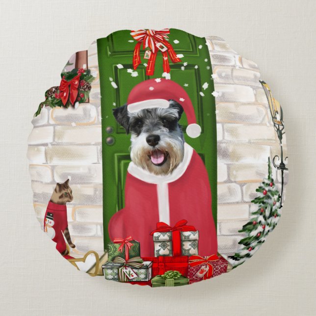 Almofada Redonda Schnauzer Dog Christmas (Frente)