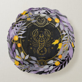Almofada Redonda Scorpio Floral Wreath com Símbolo Zodiac