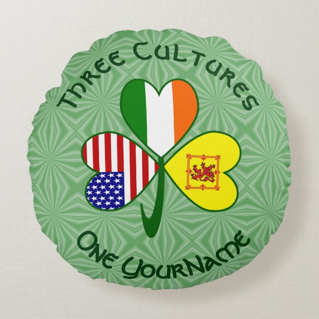 Almofada Redonda Scot Lion Irish USA Flags Shamrock Personalizado (Frente)