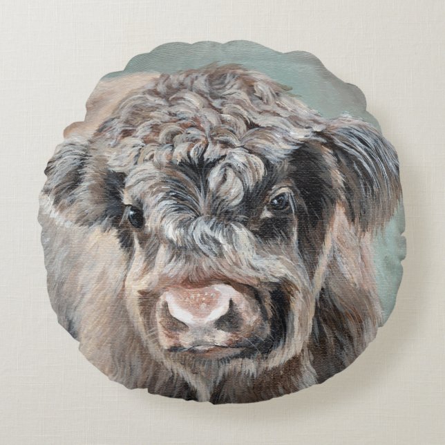 Almofada Redonda Scottish Highland Calf on Green (Frente)