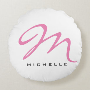 Almofada Redonda Script Monograma - Caligrafia Rosa Seu Nome Dar Pr