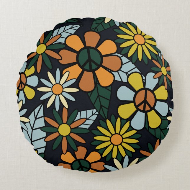 Almofada Redonda Seamless 70's retro hippie flowers pattern - Vinta (Frente)