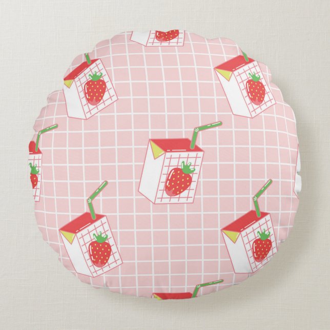 Almofada Redonda Seamless pattern with cute cartoon strawberry milk (Frente)