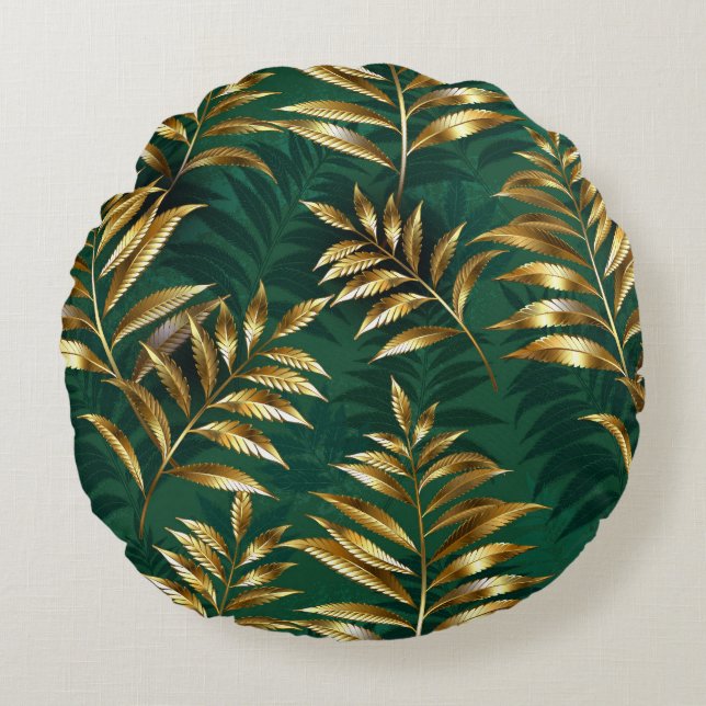 Almofada Redonda Seamless pattern with golden ferns (Frente)