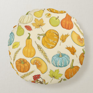 Almofada Redonda Seamless pattern with pumpkins, autumn leaves, app