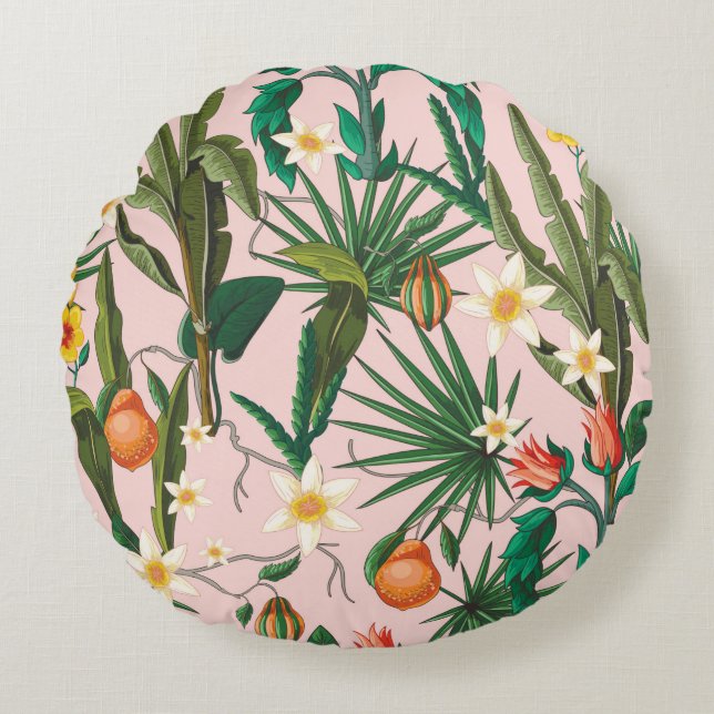 Almofada Redonda Seamless pattern with tropical leaf, flowers and f (Frente)