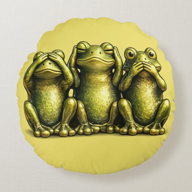 Almofada Redonda See Hear Speak No Evil Funny Frogs (Frente)