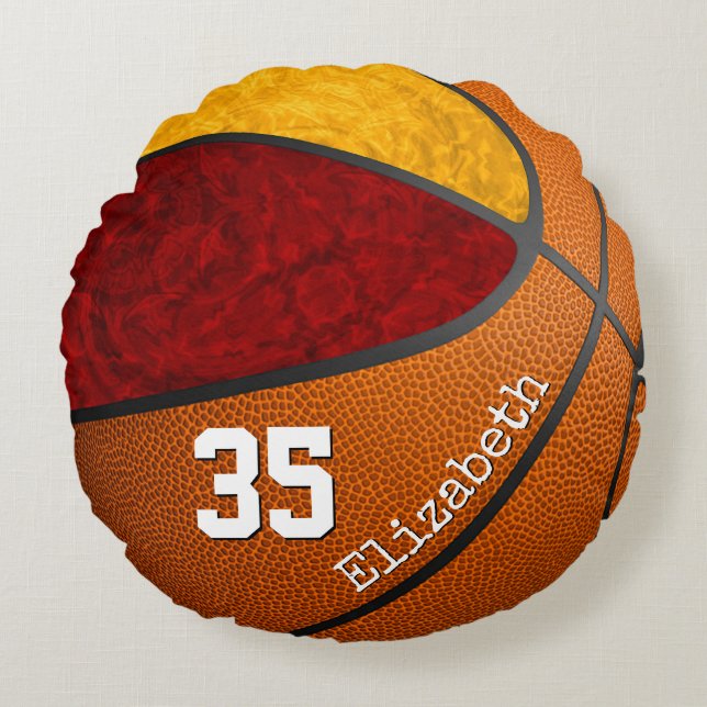 Almofada Redonda seleção de basquete amarelo maroon cor personaliza (Frente)