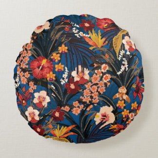Almofada Redonda Selva Chic: Azul Escuro Exótico.