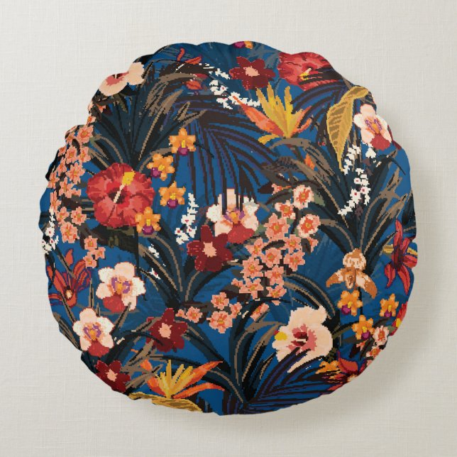 Almofada Redonda Selva Chic: Azul Escuro Exótico. (Frente)