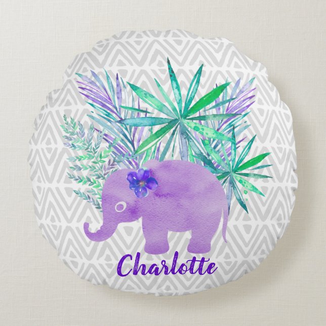 Almofada Redonda Selva de Elefante de Aquarela Shibori Primitivo (Frente)