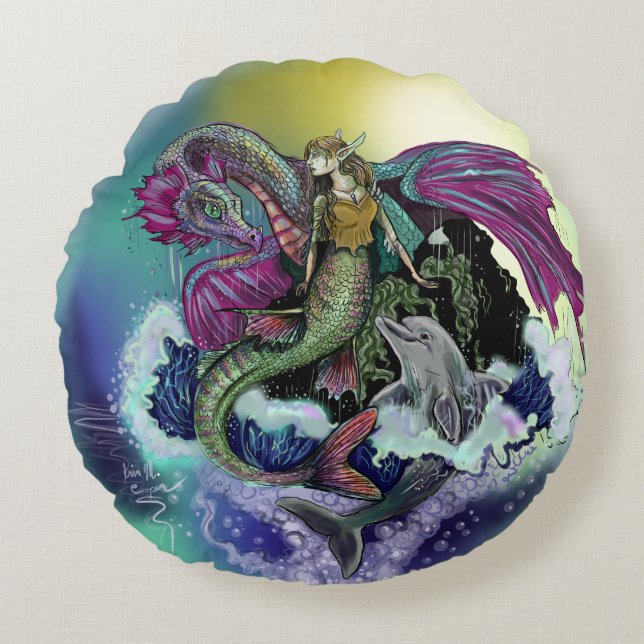 Almofada Redonda Sereia, Dragão e Golfinho (Frente)
