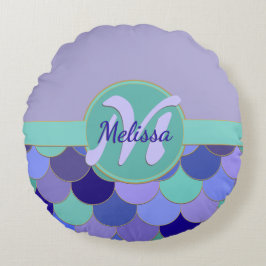Almofada Redonda Sereia Escala Monograma + Nome Roxo & Aqua Teal
