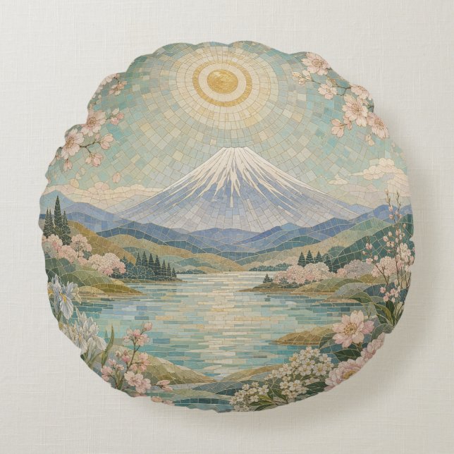 Almofada Redonda Serenidade da Primavera em Mosaico (Frente)