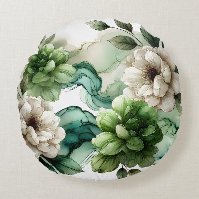 Almofada Redonda "Serenidade Verdante: Arte Floral Abstrato Verde" (Frente)