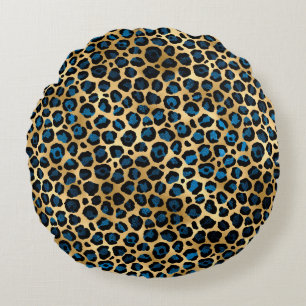 Almofada Redonda Série Leopardo Azul e Dourado Design 4