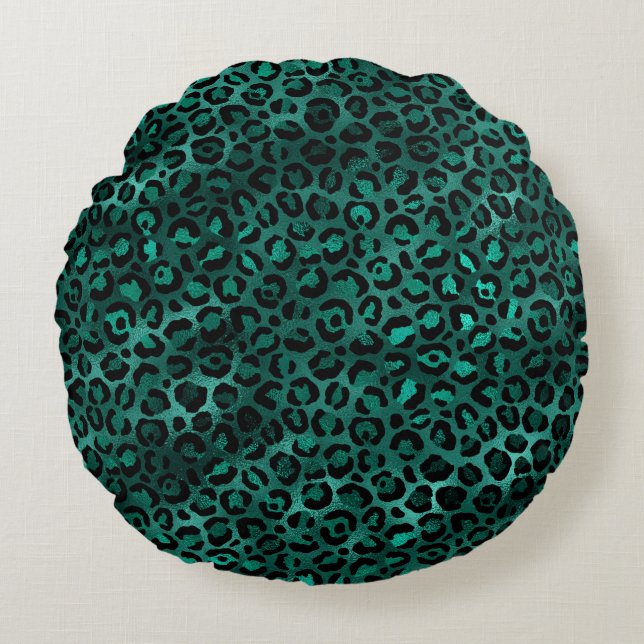 Almofada Redonda Série Teal e Dourado Leopardo Design 5 (Frente)