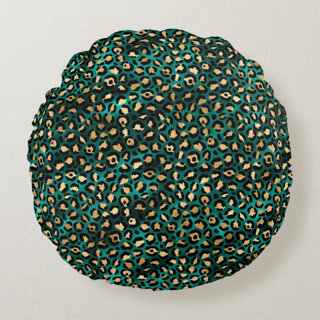 Almofada Redonda Série Teal e Gold Leopard Design 3 (Frente)