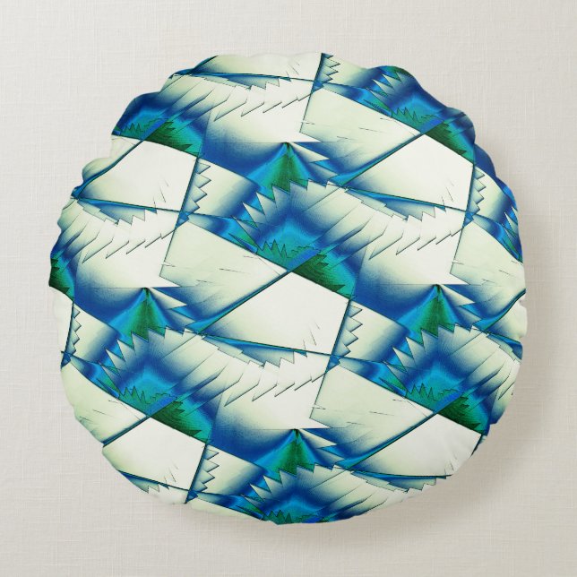 Almofada Redonda Serras verdes ou ziguezague sobre ciano intenso a  (Frente)