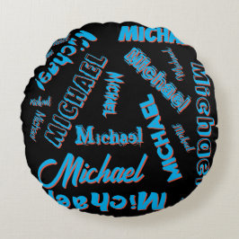 Almofada Redonda Seu nome é padrão monograma azul preto