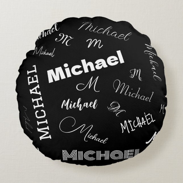 Almofada Redonda Seu nome e padrão personalizado de monograma preto (Frente)