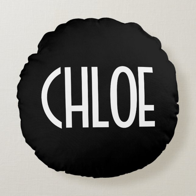 Almofada Redonda Seu Nome, Texto Branco Negrito | Preto (Frente)